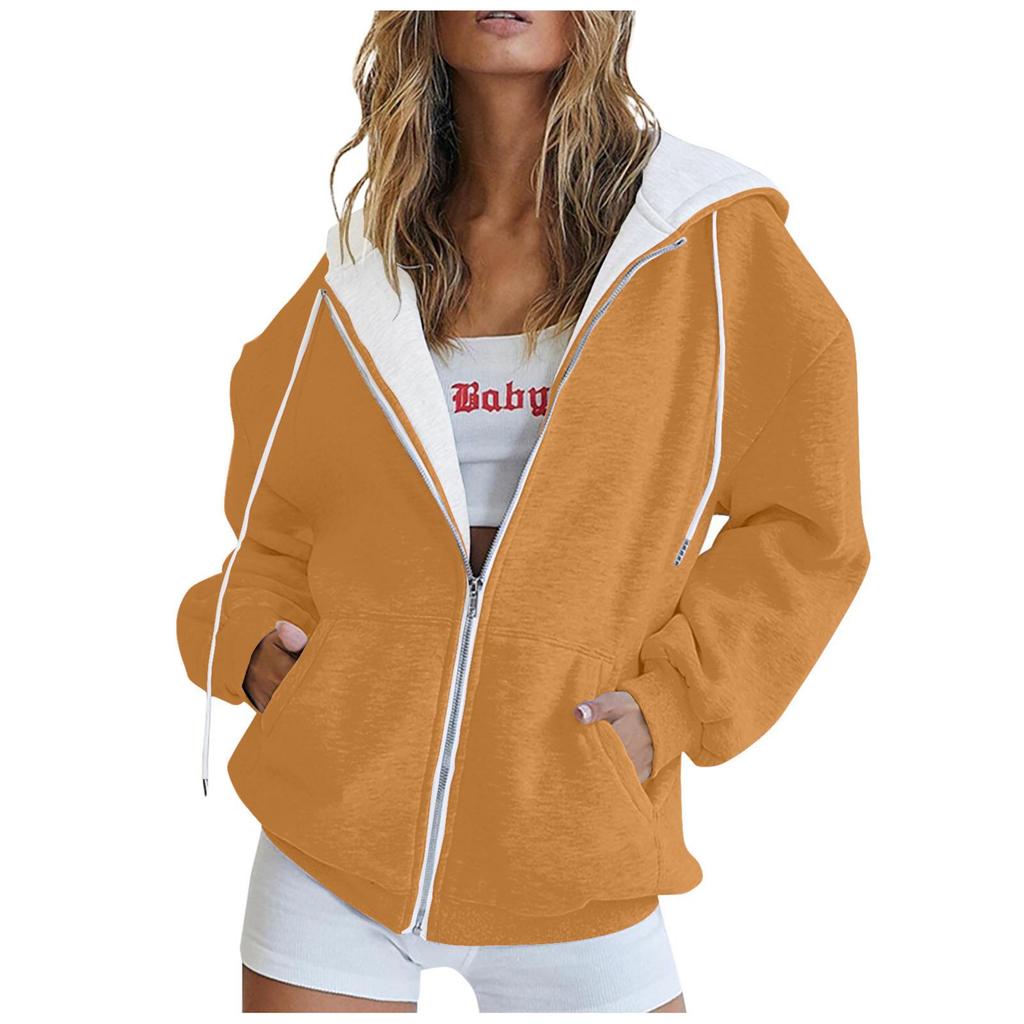 Women's Autumn Fashion Zipper Hoodie Long Sleeve Hooded Pullover Sweatshirt Casual Solid Color Tops With Pockets