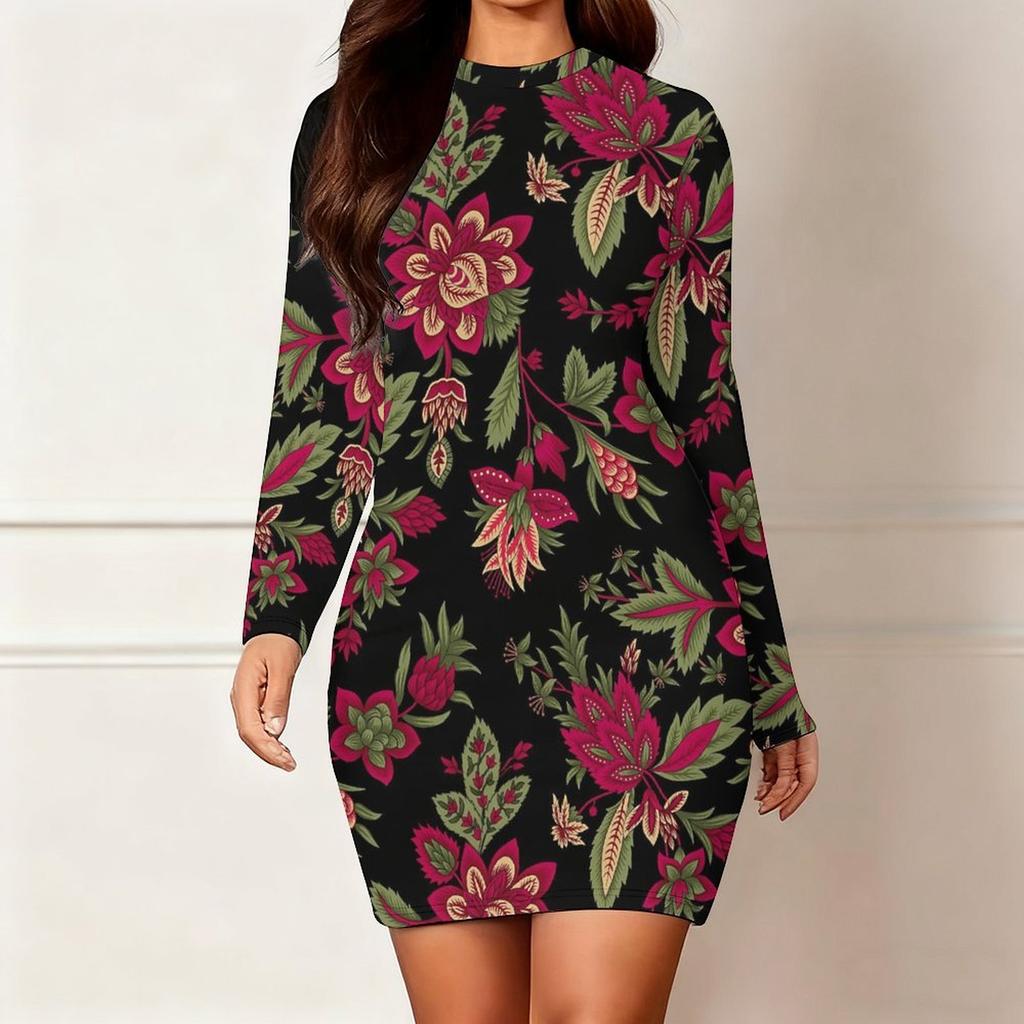 2025 Outono e Inverno Novo Estampa Floral 3D e Tingimento Moda Feminina Manga Longa Gola Redonda Vestido Envolvente de Quadril Dia dos Namorados Limitado