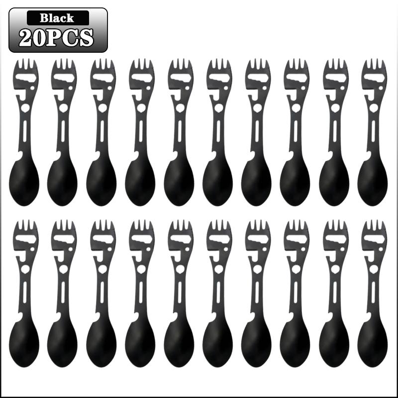 1-20PCS 5 In 1 Stainless Steel Fork Spoon Knife Can Opener Bottle Opener Wrench Multifunctional Gear Outdoor Camping Supplies