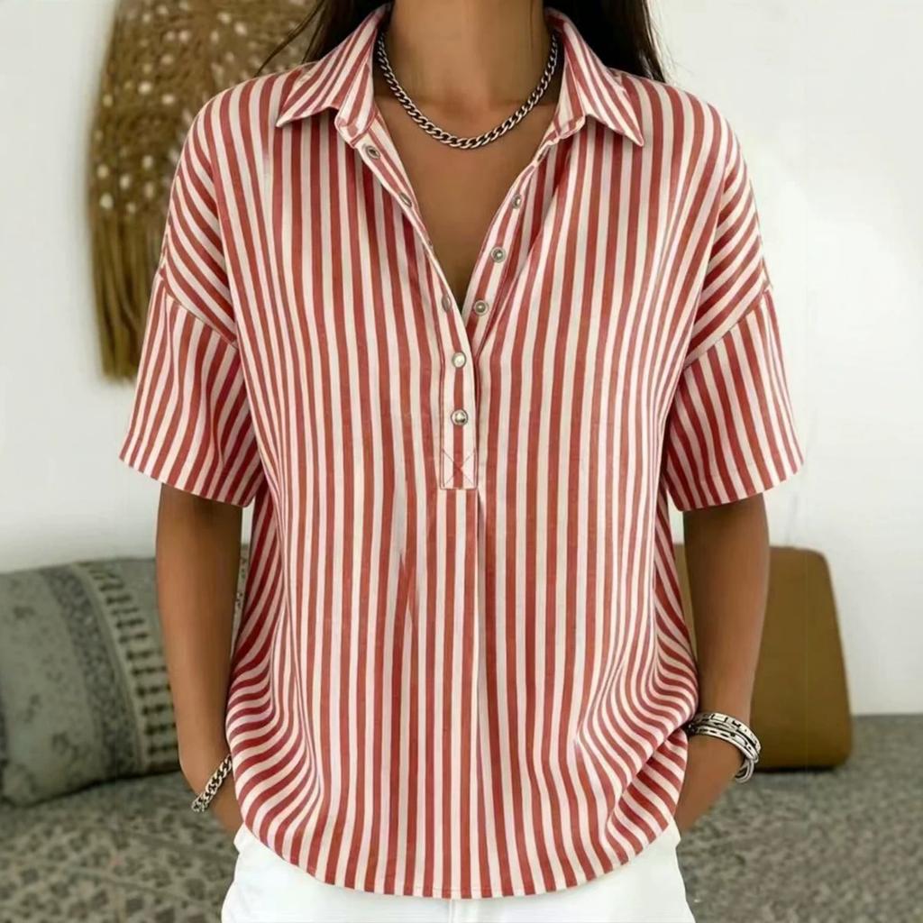 Women Striped Collared Button Down Short Sleeve Loose Fit Casual Top Lightweight Blouse for Everyday Wear Office School Travel