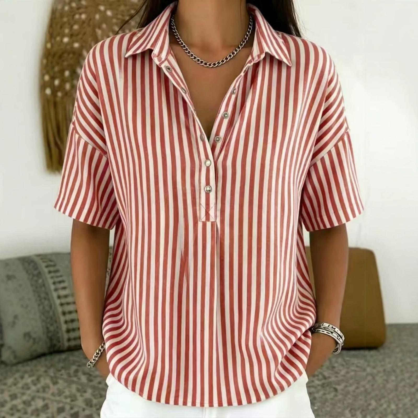 

Women’s Vertical Stripe Short Sleeve Button Down Shirt Casual Loose Fit Collared Blouse Top for Daily Wear XXL красный