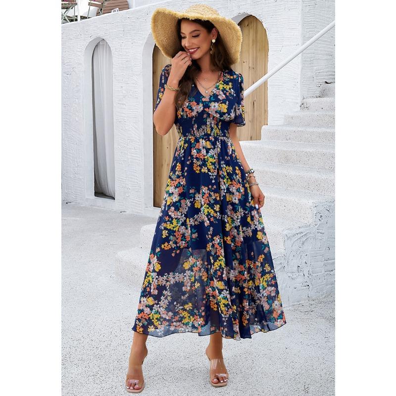 QICED Damen Mode Sommer Frühling V-Ausschnitt Kurzarm Freizeitkleider