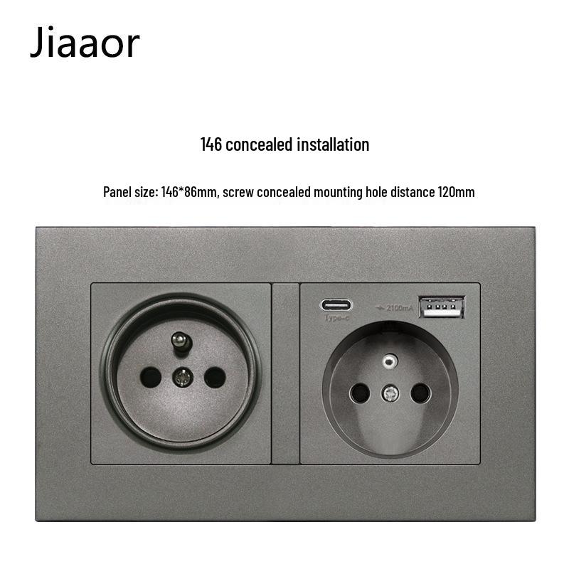 16A Grau Französische Doppel-Gang-Schalter- & Steckdosenleiste mit USB+Typ C, Unterputzmontage, Typ 86