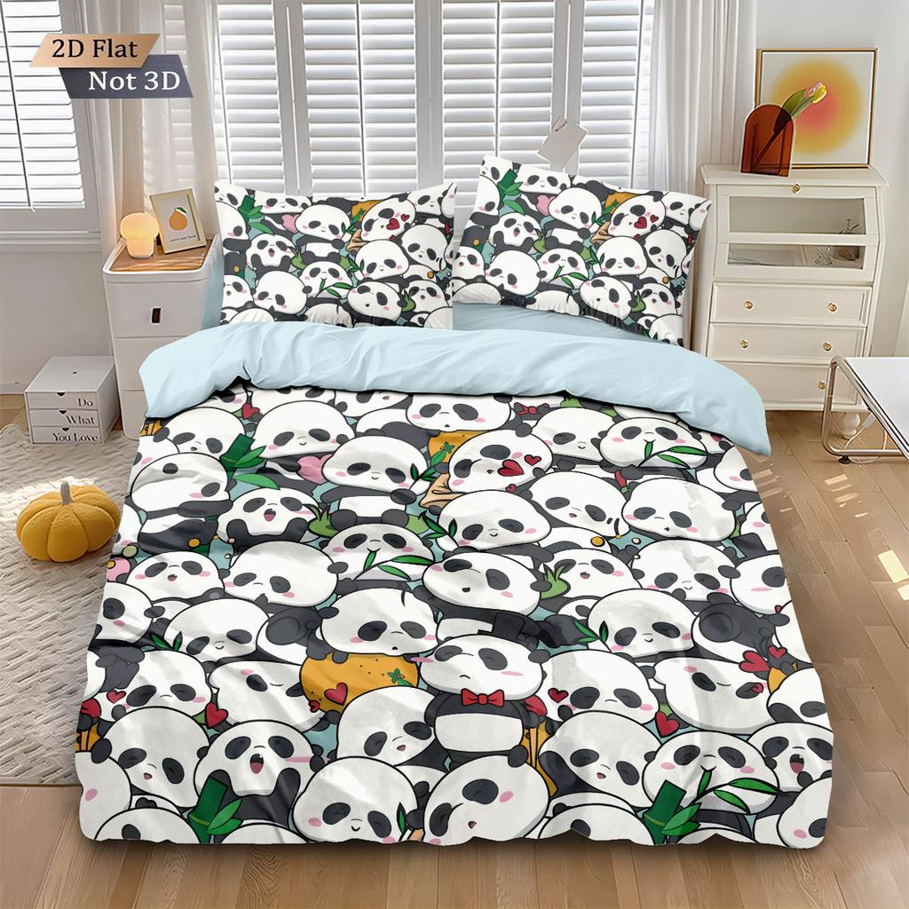 3pcs Cute Cartoon Panda Print Coreless Down Duvet Cover Set, Multi Size Bedroom Bedding Decoration, Machine Washable