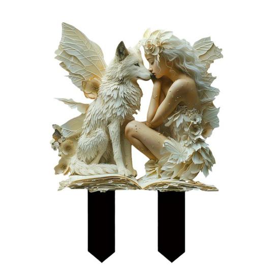 Fairy Wolf Garden Stake 2D Acrylic White Wolf And Fairy