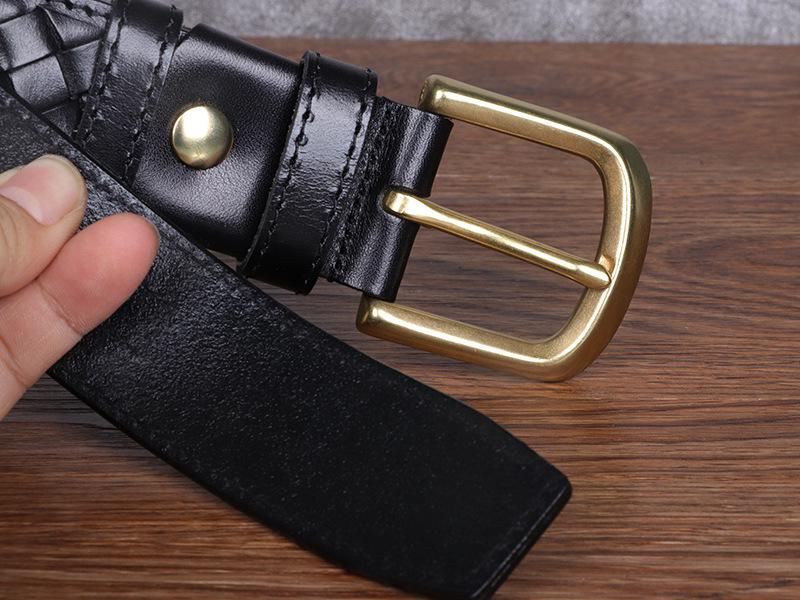 Men's Genuine Leather Woven Belt with Pure Copper Pin Buckle - Retro Casual Style