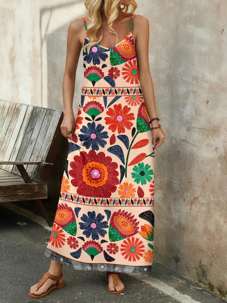 Women's Floral Print V-Neck Suspender Long Dress Vertical Fabric Loose Version Beach Vacation Dress
