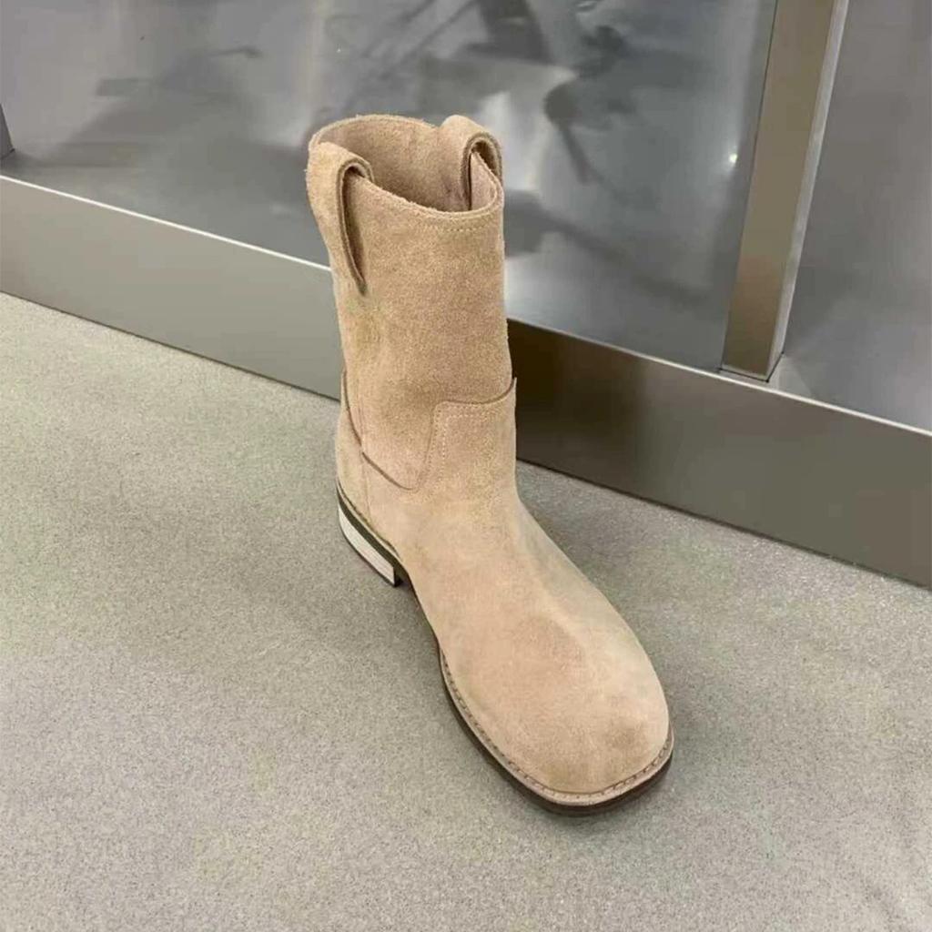 Sheepskin version~ retro matte suede round head low heel western cowboy boots short boots women's 2025 new Martin boots