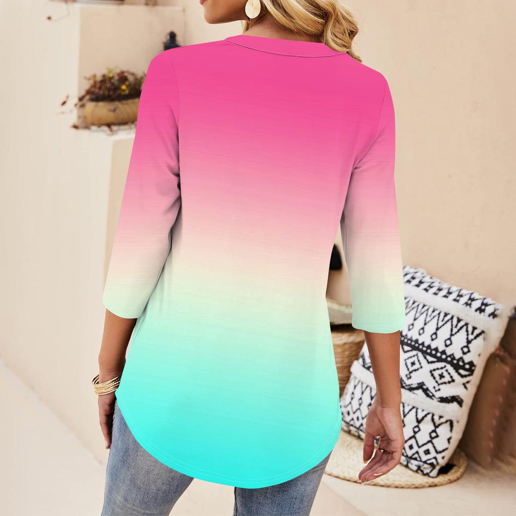 Damen Siebenviertelärmel Tops Lässig V-Ausschnitt Brustrüschen Einfarbig Locker T-Shirt Tops