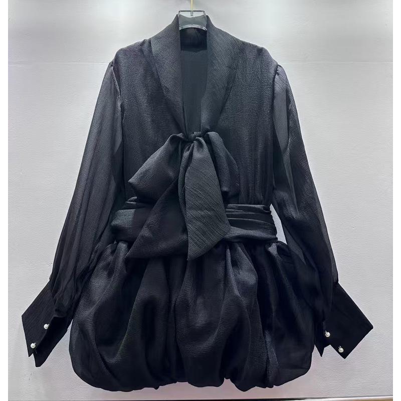 

Elegant Women s Deep V-Neck Textured Puff Sleeve Tie-Up Shirt Dress One Size