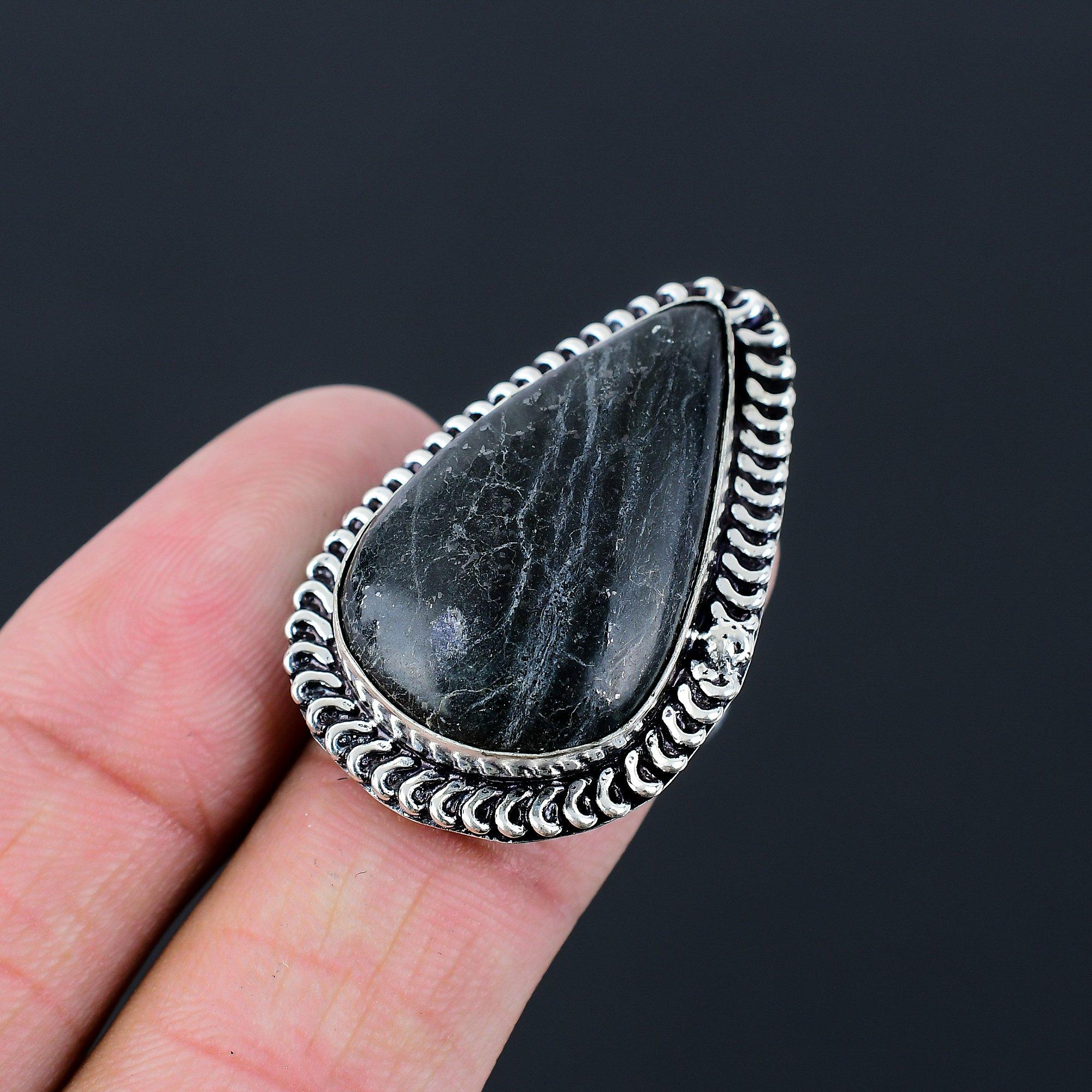 Pear Natural Black Seraphinite Sister Statement Ring Size 7 925 Sterling Silver 7