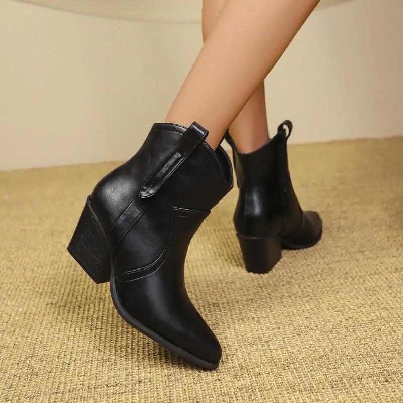Women Ankle Boots Genuine Leather Autumn Winter Short Boots Thick Heels Pointed Toe Shoes Woman Mature Basic Office Lady
