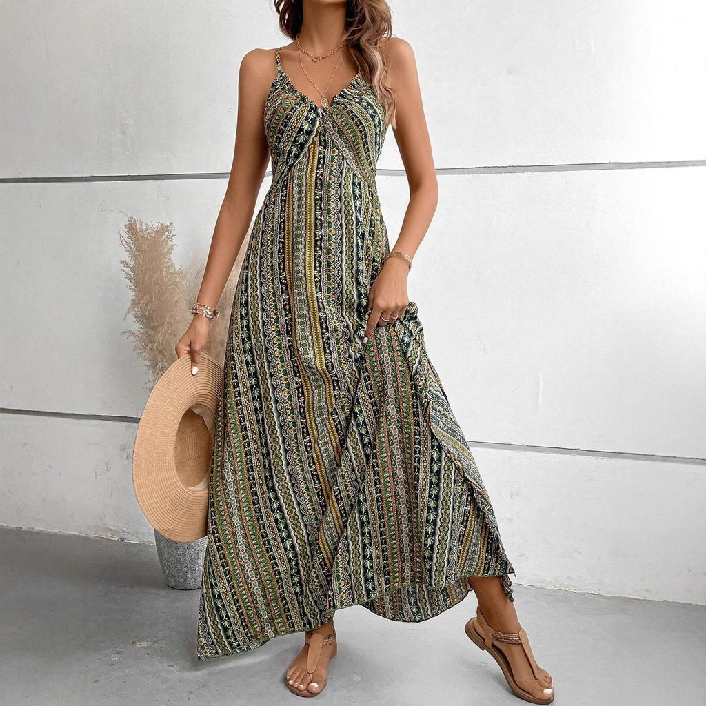 2026 European and American summer new bohemian women's casual lace-up flower dress