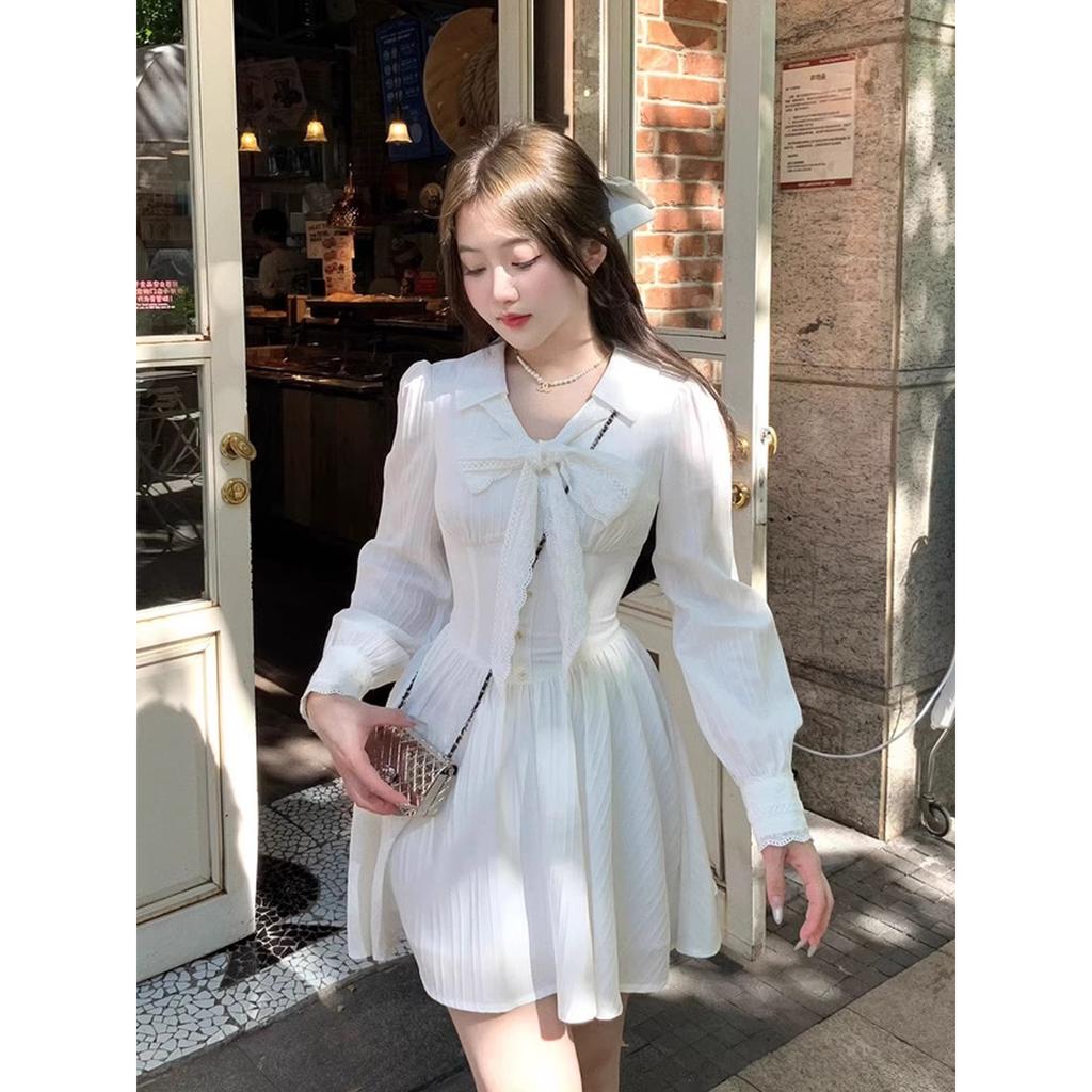 Double-layer Sleeve Throbbing Small White Dress Lace Long-sleeved Shirt Dress French Stunning White Spring and Summer Skirt To Wear