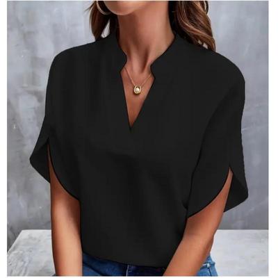 Women's Summer V-neck Solid Color Elegant Shirt Loose Casual Short Sleeve Top