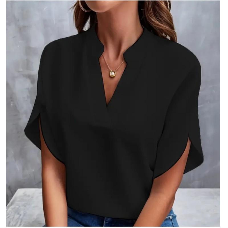 

Women s Summer V-neck Solid Color Elegant Shirt Loose Casual Short Sleeve Top XXS чорний