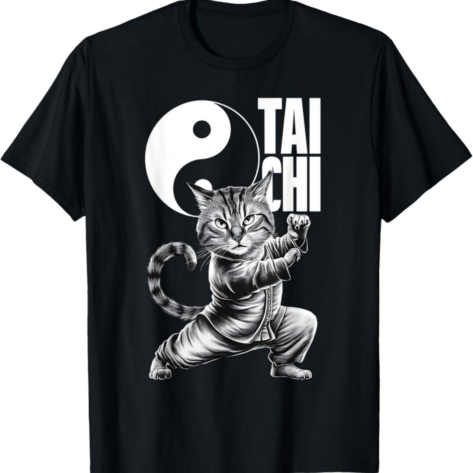 Kawaii Cat Demonstrating Tai Chi Martial Arts Yin & Yang T-Shirt, Small, Black S