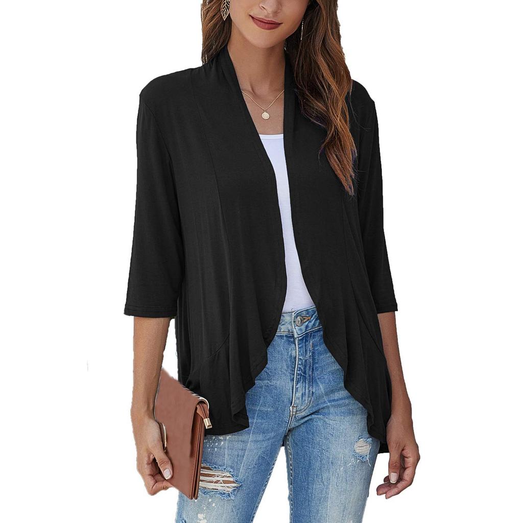 Women's Fashion Casual Seven Minute Sleeve Solid Color Ruffle Cardigan Top