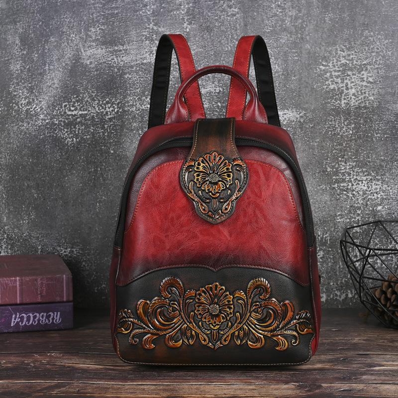 Ethnic Embossed Backpack For Women, Vintage Boho Convertible Top Handle Backpack, Casual Travel Daypack Purse
