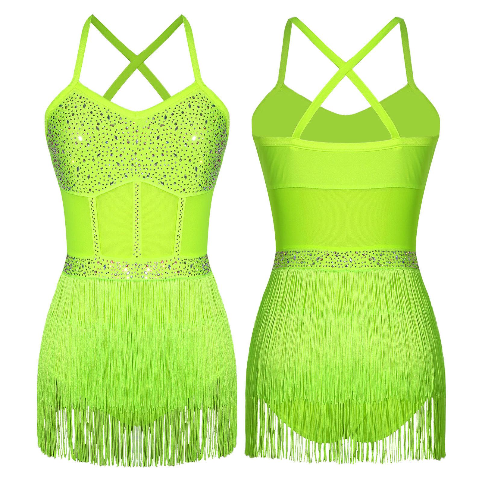 

Женский латиноамериканский купальник-платье со стразами, костюмы для ча-ча, самбы, танго, с прозрачной сеткой, бахромой с кисточками, цельный боди, танцевальная одежда S флуоресцентный желтый