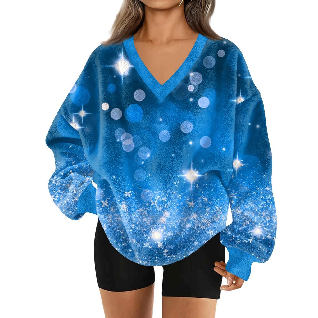 Women's Fashionable V-neck Christmas Printed Long Sleeved Casual Pullover Plush Warm Pocket Sweatshirt Top