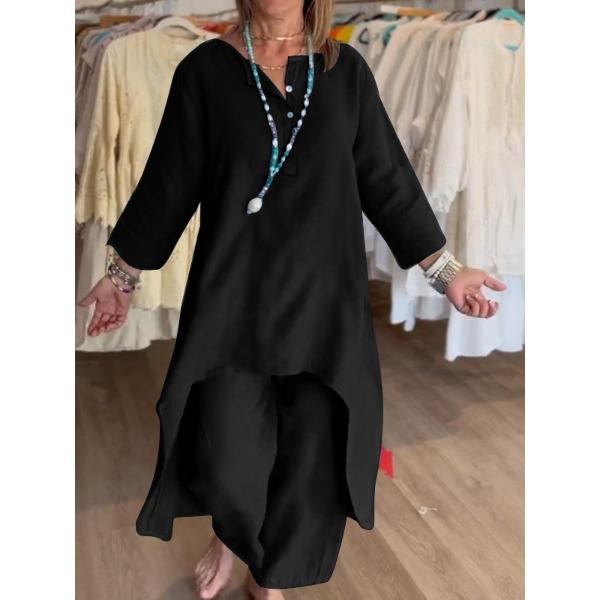 Summer Solid-colour Sophisticated-style Casual Cotton-linen Set for Women with Three-quarter Sleeves and Cropped Trousers