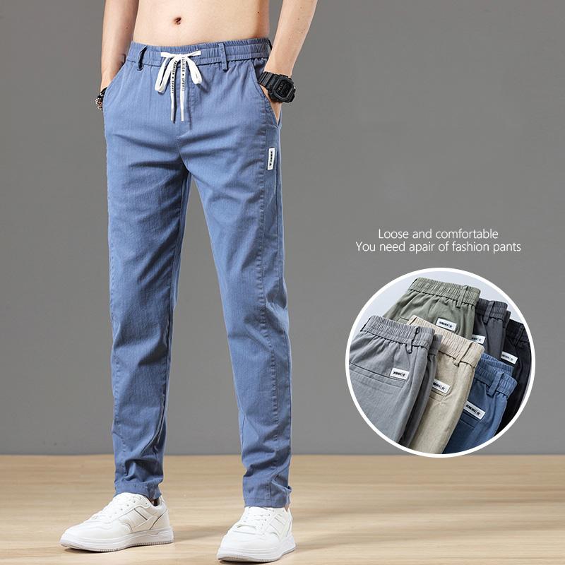Summer Men's Classic Cotton Solid Color Fashion Business Casual Pants Elastic Waist Korean Fashion Men Clothing