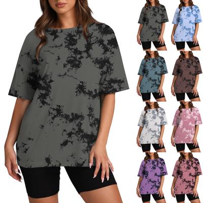 Camiseta feminina plus size verão gola redonda manga curta estampada básica solta top