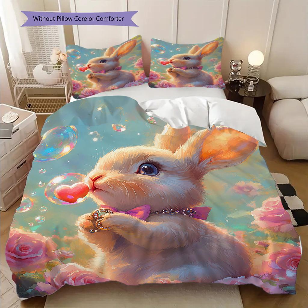 Rabbit Pattern Bedding Quilt Set Quilt Cover Pillowcase Home Decoration Birthday Gift (1 * duvet cover + 2 * pillowcase, without core)