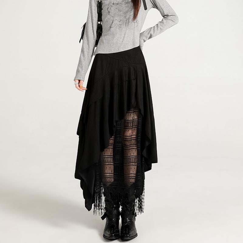 Wildleder-Spitzenrock Damen Hohe Taille Vintage Locker Lang