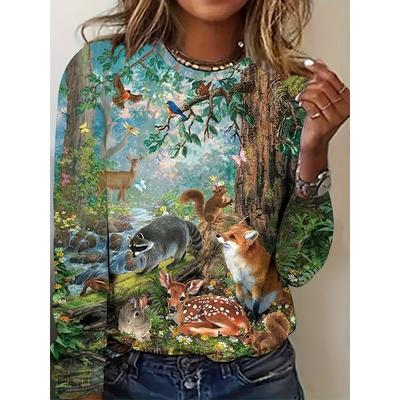 Damski casualowy luźny T-shirt z długim rękawem z żywymi cyfrowymi nadrukami zwierząt leśnych i motywów kwiatowych