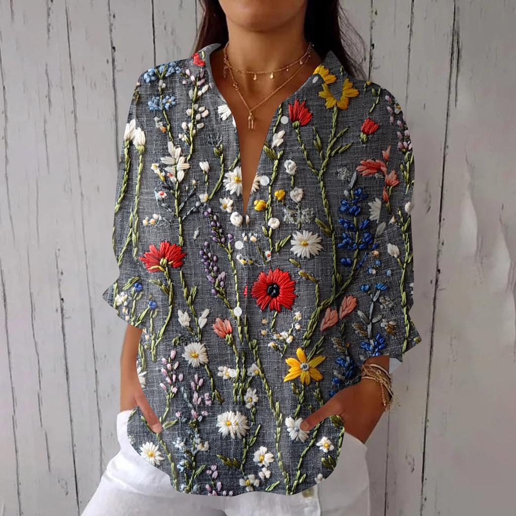 Women's Fashion 3/4 Sleeve Casual Lapel Back Tie- Floral Print T-Shirt Top