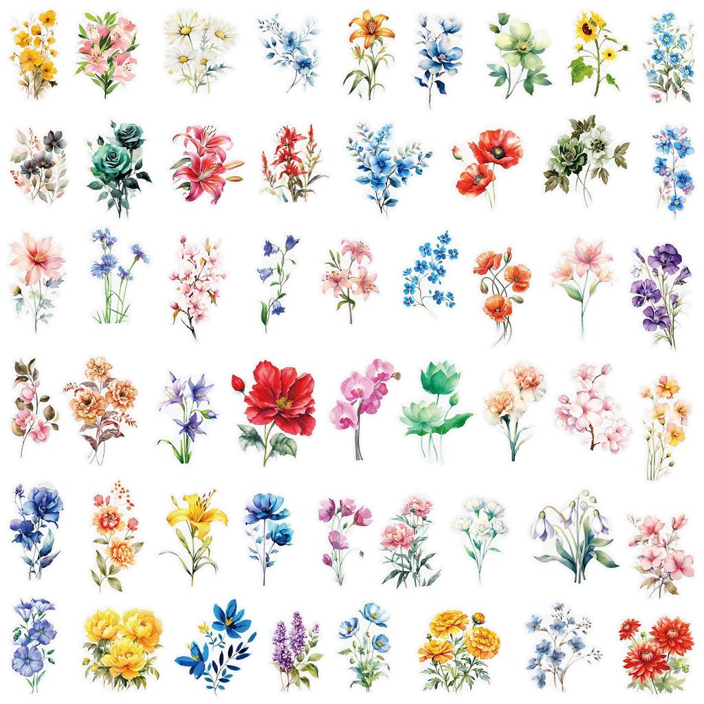 50pcs Transparent Floral Stickers Decals for Scrapbooking Journal Laptop Bottle DIY Decor
