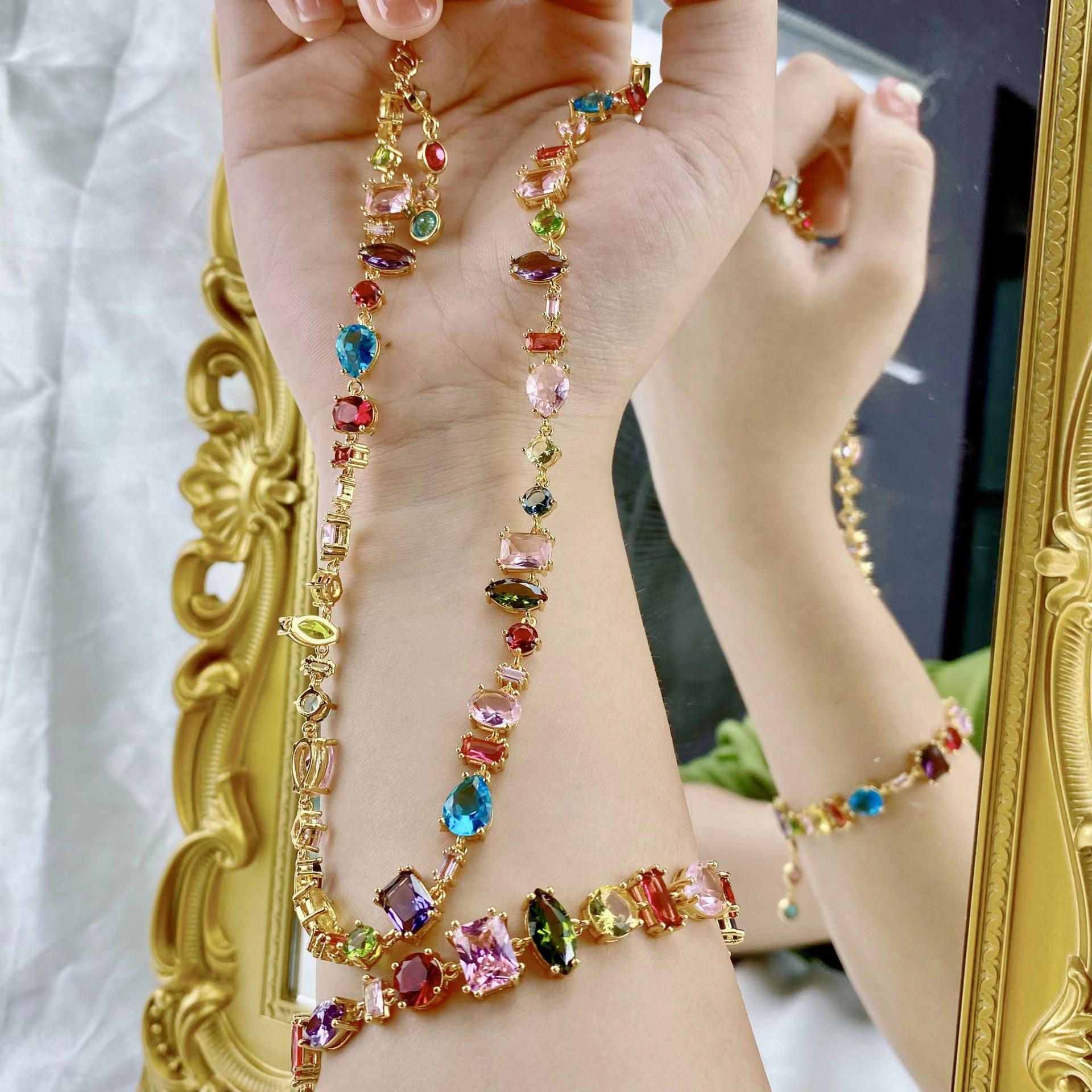 

Women s Square Crystal Rainbow Jewelry Set: Bracelet, Necklace & 18K Gold Plated Earrings