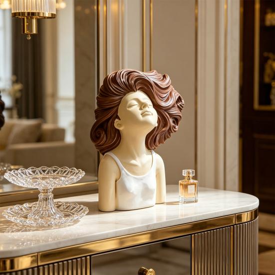 Braunhaariges lockiges Mädchen Header Figur Harzkopf Büste Skulptur für Schlafzimmer Wohnzimmer Heimbüro Schreibtisch Regal Dekoration