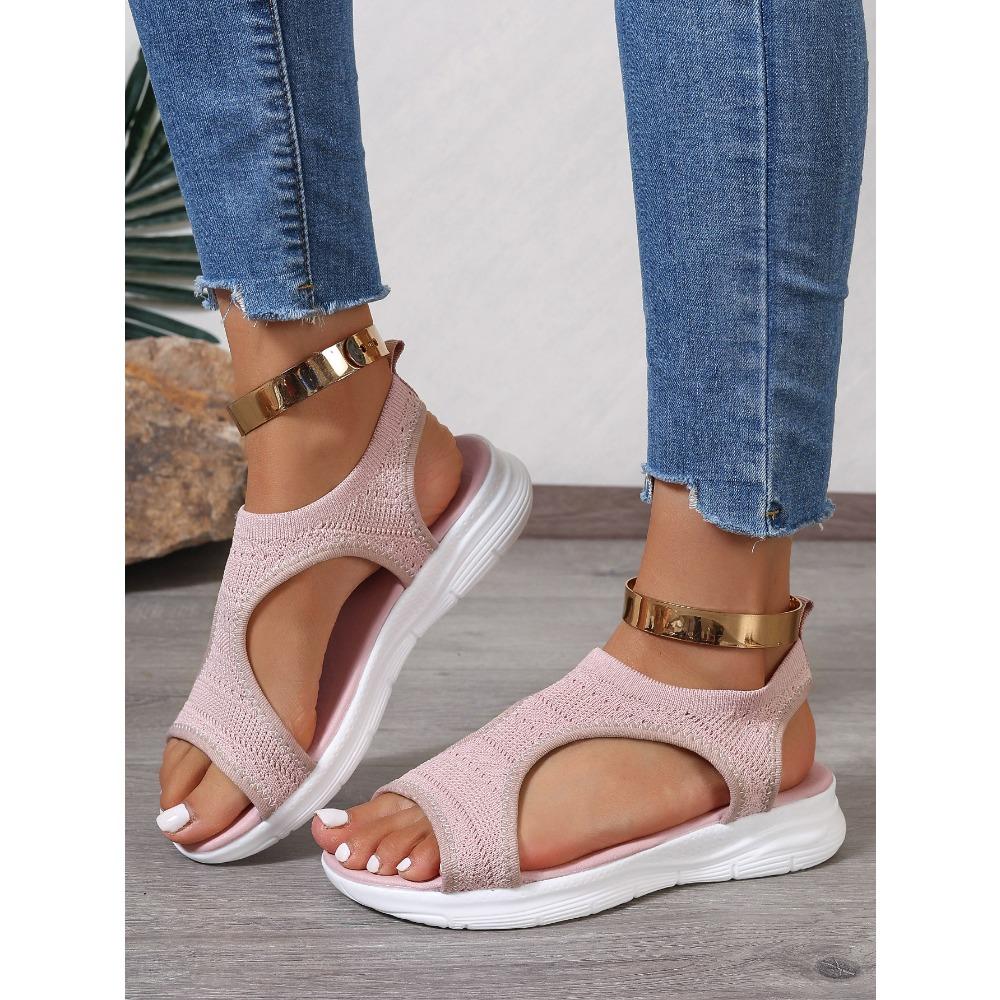 2026 Zomer Nieuw Effen Kleur Ronde Neus Flyknit Mode Romeinse Dames Set Voet Grote Spons Taart Dikke Bodem Sandalen