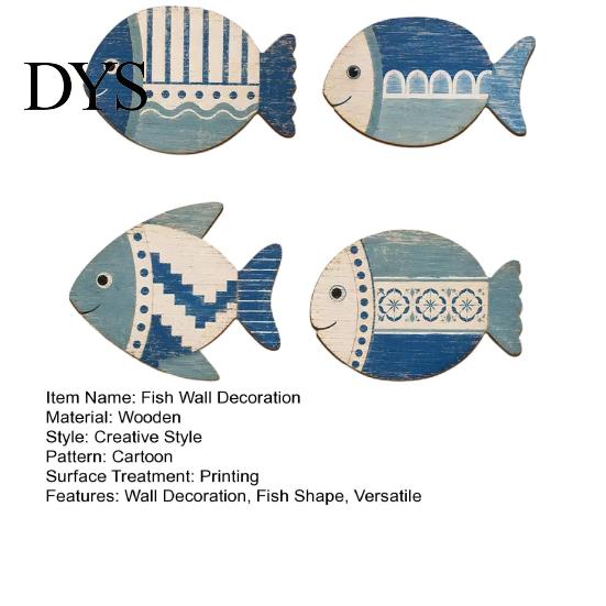 Decorative Fish Sculptures for Walls 4PCS Wooden Wall Decoration, Rustic Mediterranean Style Hanging Plaques, Blue White Plaques Geometric Pattern Art