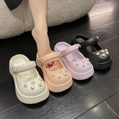 Sandals Mules Slides High Up To 5cm Heel Shoes for Women 2024 Cloud Woman Slippers Crystals Summer Jewels Round Toe Height Shoe