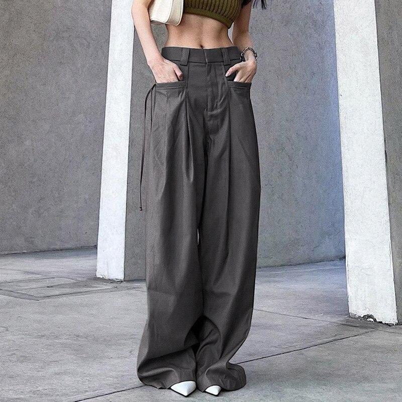 

Sexy Low Waist Loose Straight Pants Women Summer Streetwear Fashion Solid Long Pants With Pockets Casual Lady Pantalon S сірий колір