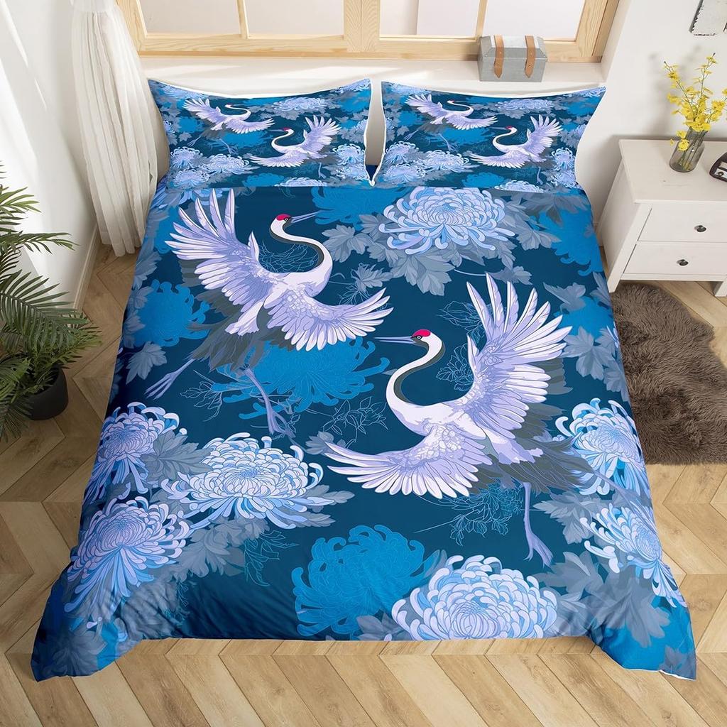 Crane Duvet Cover Twin King Traditional Chinese Style Painting Quilt Cover Chrysanthemum Flower Floral Bedding Set For Dorm Room