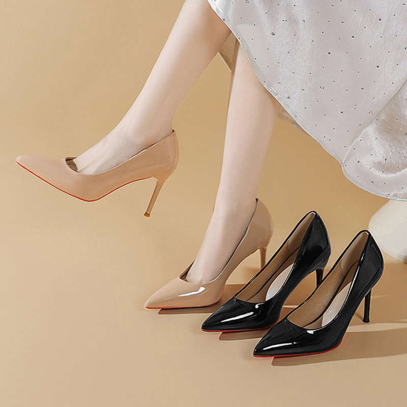 Black High Heels Women's Stilettos Spring and Autumn New Red-soled Patent Leather Pointed Head Light Mouth Sexy Nude Single Shoes