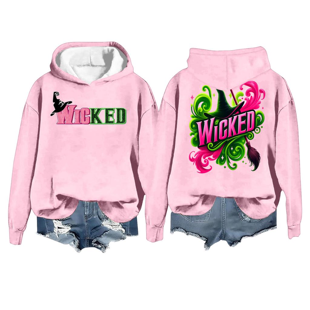 Women's Casual Long Sleeve Pullover Witch Print Hooded Sweatshirt