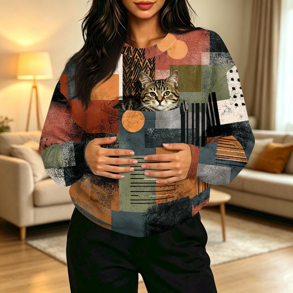 Women's Casual Crewneck Vintage Print Long Sleeve Sweatshirt with Front Pocket
