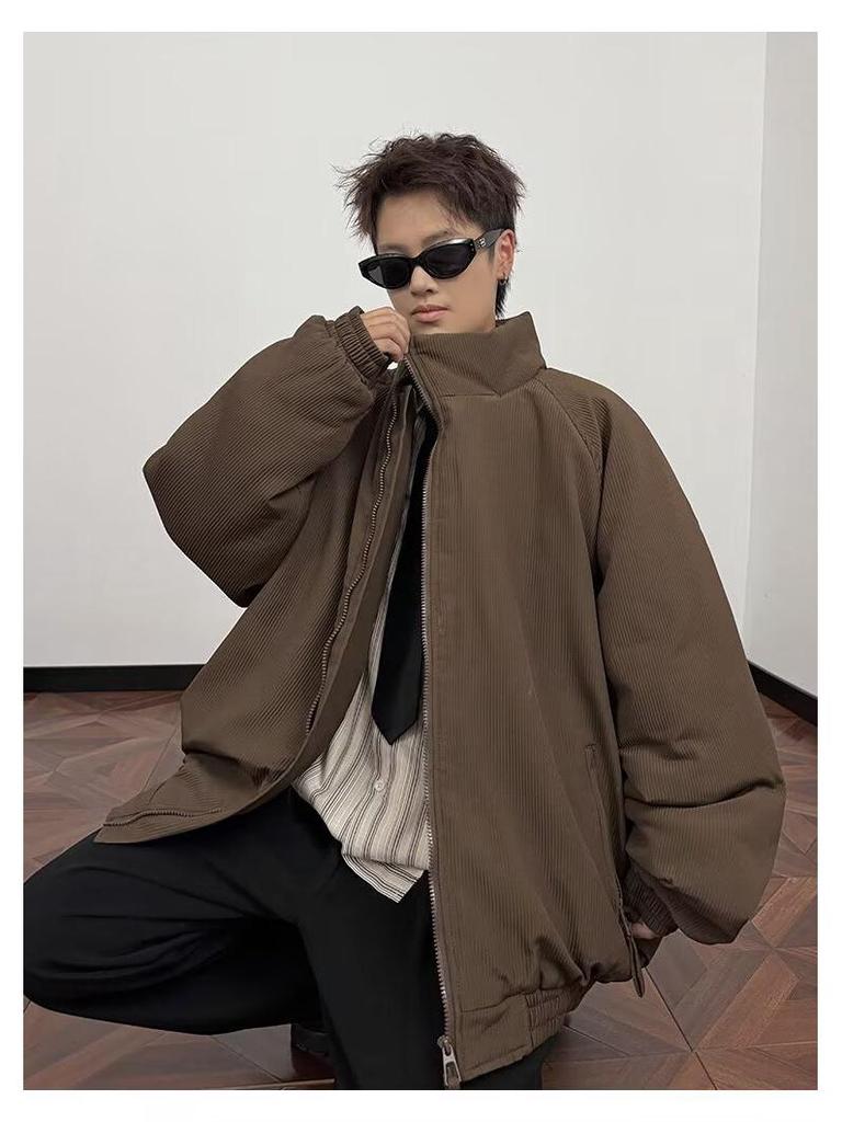 Men's Winter Maillard Stripe Cotton Jacket with Stand Collar - Japanese Neutral Style, Thick and Loose