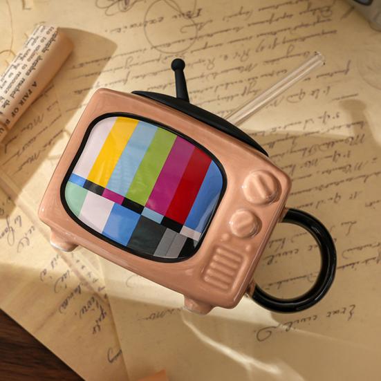 Retro Television Ceramic Mug with Lid & Straw 450ml Creative Nostalgic Design Coffee Cup Leak-Proof & Heat Resistant Drinking Cup Novelty Gift Home