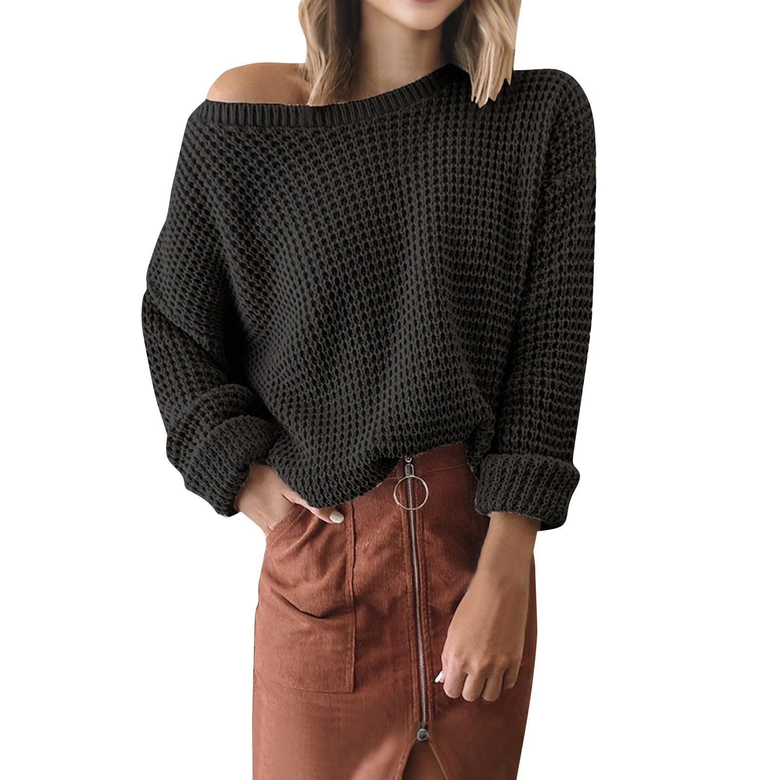 

Женский однотонный свитер с длинным рукавом и круглым вырезом, повседневный свободный вязаный пуловер, джемпер S чёрный