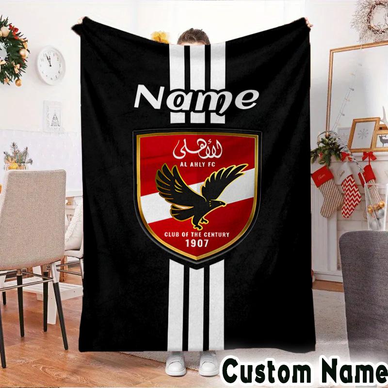 Custom Name Ahly FC Crest Throws Blanket Flannel Blankets for Couch Bed Gifts for Men Women Picnic blanket Christmas fan gifts