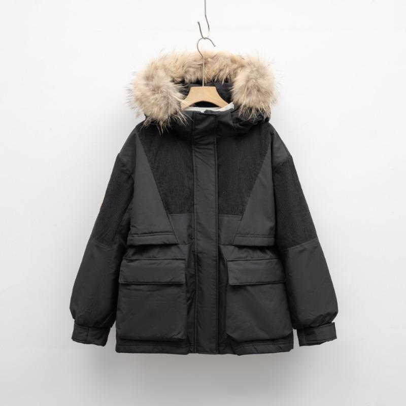 Winter loose retro hooded jacket fox hair couple men's and women's tooling fur collar down jacket