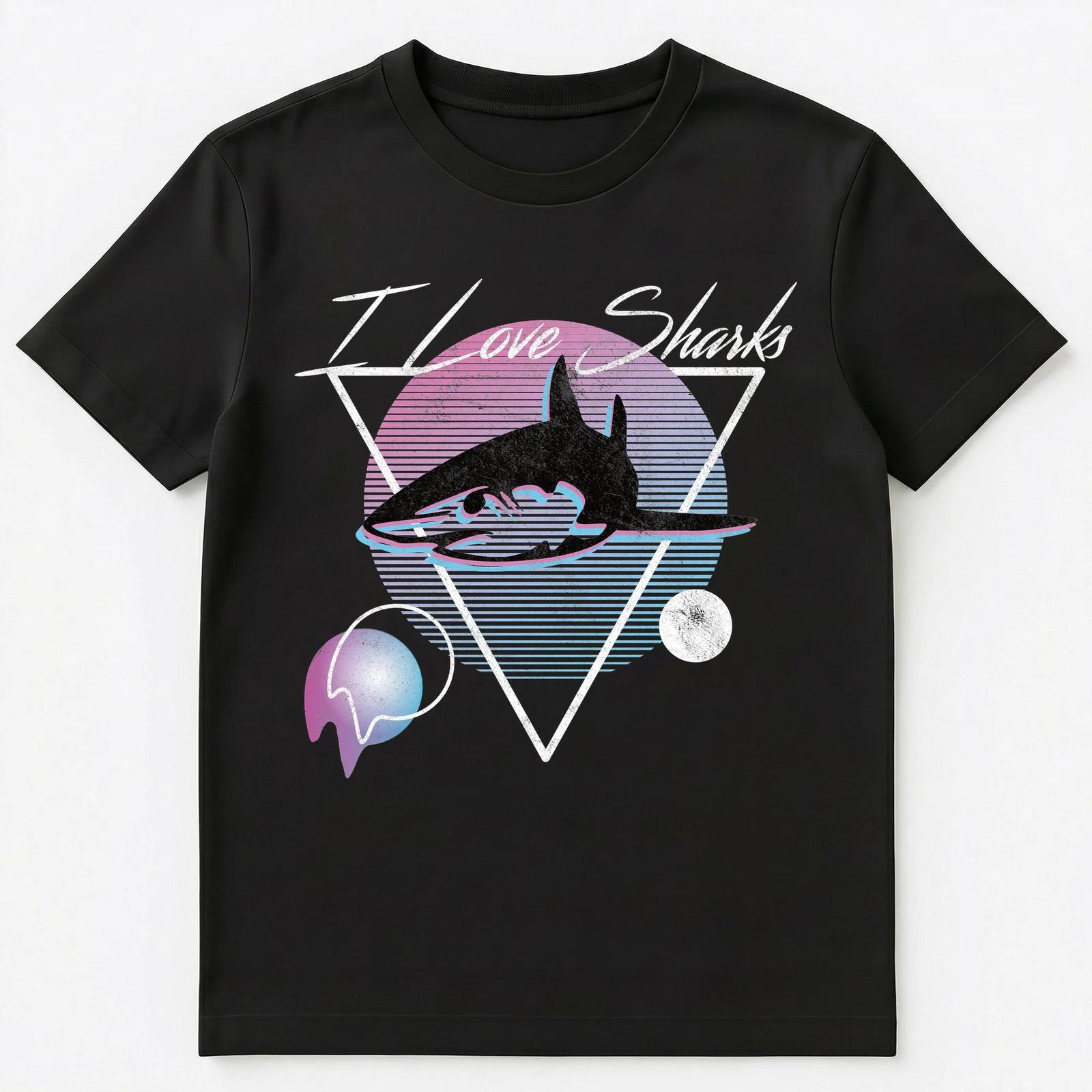 I Love Sharks Retro Vaporwave Aesthetic Art Style Unisex T-Shirt S