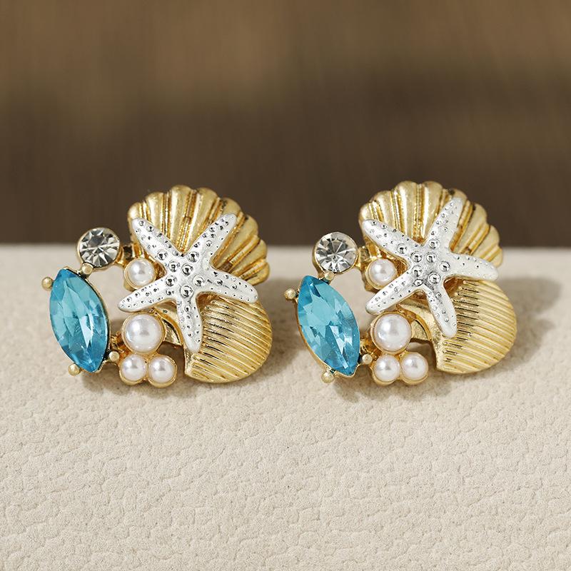 Delicate Blue Crystal Starfish Turtle Earrings for Women Summer Holiday Metal Shell Sea Star Earring Jewelry Girl Gift